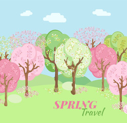 Spring landscape mountains and cherry trees fallen with pink flowers. Spring background.