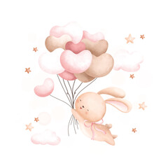 Watercolor Illustration Cute rabbit and balloons on cloud