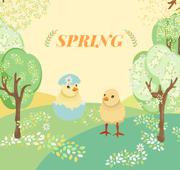 Spring background, cherry trees fallen with pink flowers.  Happy Easter Sale banners, greeting cards.