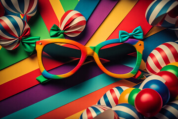 Colorful carnival background with bow tie, sunglasses and streamers. Generative AI	