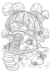 Coloring book for children. Fairy tree house. The task for children can be used in a book or magazine.