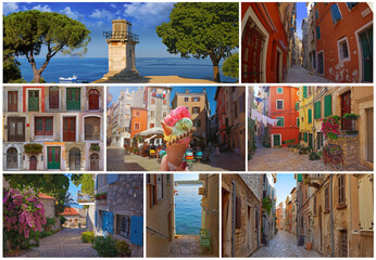 A colorful collage of beautiful places in cozy and quiet town Rovinj.Rovinj is a tourist destination on Adriatic coast of Croatia - 571517682