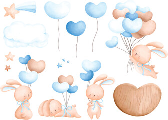 Watercolor Illustration set of cute rabbit and balloons