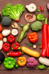 Various vegetables on a wooden background. products with vitamins. healthy food - generative ai