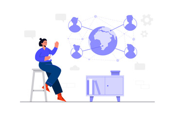 Cartoon style. Online meetings accessible from any location around the world.