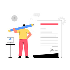 Cartoon style. Company executives sign to certify important documents of the company.