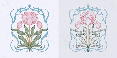 Frame with a tulip patel color in the style of Art Nouveau. Beautiful vintage floral composition 1920-1930 years.
