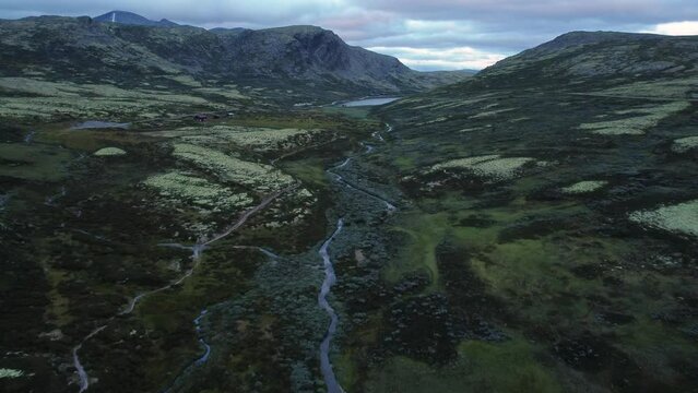 Green Meadows In Rondane National Park, Norway. Aerial View
