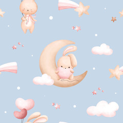 Seamless pattern background. Rabbit and balloon. Watercolor illustration. Design for paper, fabric, child’s room