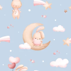 Seamless pattern background. Rabbit and balloon. Watercolor illustration. Design for paper, fabric, child’s room © Stella
