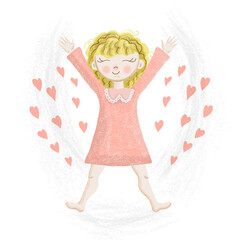 The girl makes an angel in the snow and radiates love. Postcard for the holiday Valentine's Day.