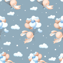 Seamless pattern background. Rabbit and balloon. Watercolor illustration. Design for paper, fabric, child’s room
