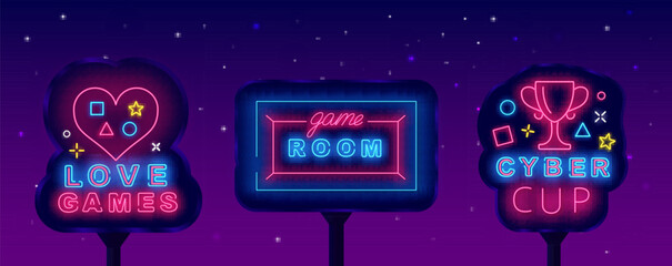 Game design neon street billboards set. Cyber cup banner. Game room and love games. Vector stock illustration