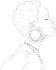 Realistic african woman portrait graphic sketch template. Cartoon vector illustration in black and white for games, background, pattern, decor. Children`s story book, fairytail, coloring paper, page. 