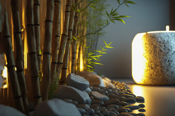 Bamboo and stones in a wellness spa. Generative AI illustration.