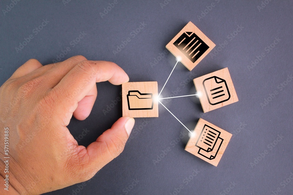 Poster file icons are arranged into folders. concept document management system or dms