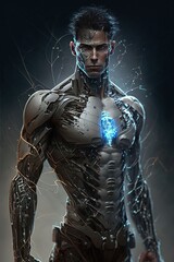 Naklejka premium Robot Cyborg Futuristic Sci-fi Robotic Humanoid Mixing Tecnhnology and Humans Fighting Machine Soldier Dystopian Dark Future War Illustration