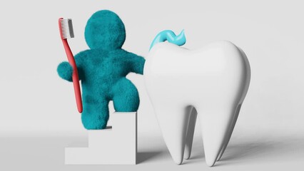 Cute turquoise fur Yeti brushing white healthy tooth with toothpaste Creative 3D animation loop. Dental cleaning Enamel whitening Hygiene Tartar Plaque removal Sensitivity Caries Toothbrush Bad breath