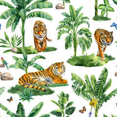 Tropical palm tree and tiger, animal seamless pattern, Exotic botanical jungle wallpaper. Hand drawn wildlife painting