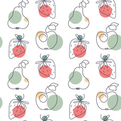 Healthy food abstract seamless pattern. Line art fruit and berry. Summer wallpaper.