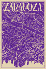 Purple hand-drawn framed poster of the downtown ZARAGOZA, SPAIN with highlighted vintage city skyline and lettering