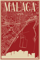 Red hand-drawn framed poster of the downtown MALAGA, SPAIN with highlighted vintage city skyline and lettering