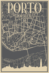 Grey hand-drawn framed poster of the downtown PORTO, PORTUGAL with highlighted vintage city skyline and lettering