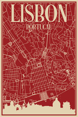 Red hand-drawn framed poster of the downtown LISBON, PORTUGAL with highlighted vintage city skyline and lettering