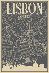 Grey hand-drawn framed poster of the downtown LISBON, PORTUGAL with highlighted vintage city skyline and lettering