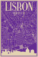 Purple hand-drawn framed poster of the downtown LISBON, PORTUGAL with highlighted vintage city skyline and lettering