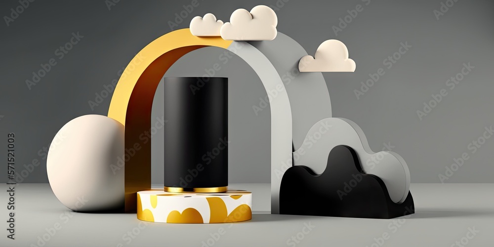 Poster pedestal with a gray arch, a cloud, and an empty gold and black cylinder in the background. abstract