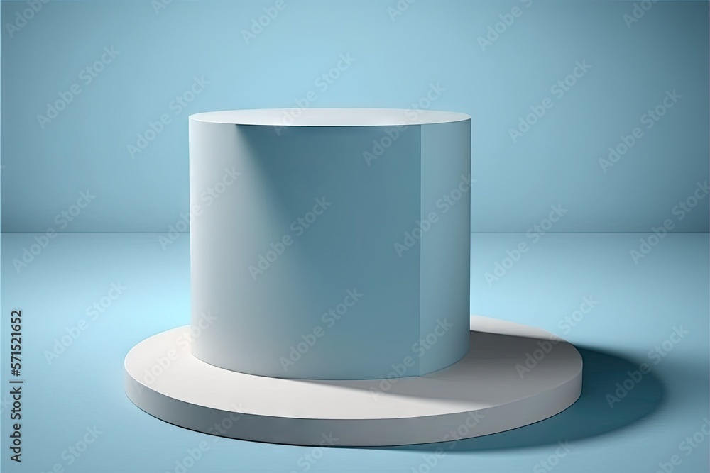 Poster presentation of a product against a light and shadowed blue background. round podium is empty. mocku