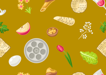 Happy Pesach Jewish Passover plate seamless pattern. Holiday background with traditional symbols.