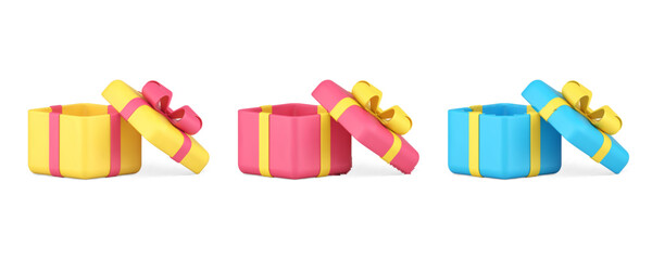Gift box open cap wrapped bow ribbon birthday anniversary party surprise 3d icon set vector