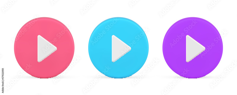 Poster triangle arrow play button circle badge audio video multimedia content player 3d icon set vector