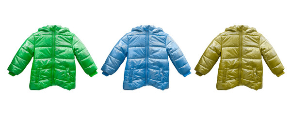 Three hooded warm sport puffer jacket isolated over white background. Blank template down jacket...