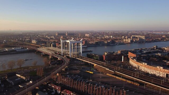 Flying Towards Railway Bridge Across Oude Maas River In Dordrecht
