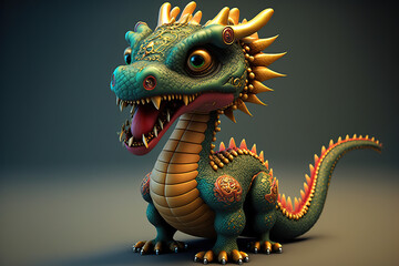 Fototapeta premium Cute cartoon chinese dragon 3D rendering style. Generative AI illustration.