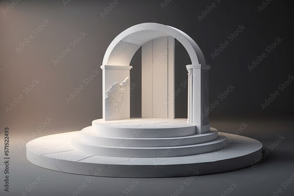 Poster a circular object display podium made of white stone for products. generative ai