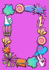 Frame with comic speech bubbles signs and symbols. Cartoon pop art creative image.