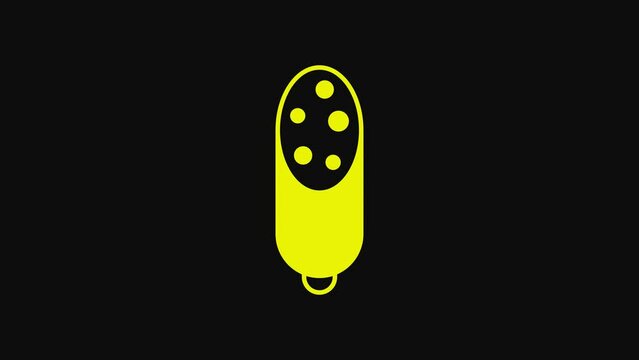 Yellow Salami sausage icon isolated on black background. Meat delicatessen product. 4K Video motion graphic animation