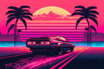 Synthwave 80s retro design with sports car driving into sunset. Generative AI.
