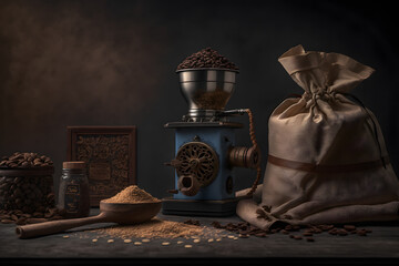 Arabic coffee beans in bag and grinder with ground coffee drink photography made with Generative AI