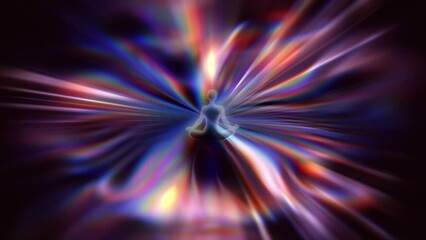 Spiritual journey of meditating man in lotus yoga position seated in the centre of a beautiful and colorful abstract animation
