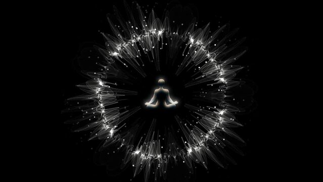 Spiritual journey of meditating man in lotus yoga position sitting in the centre of a circle of moving particles. Abstract animation for yoga concept