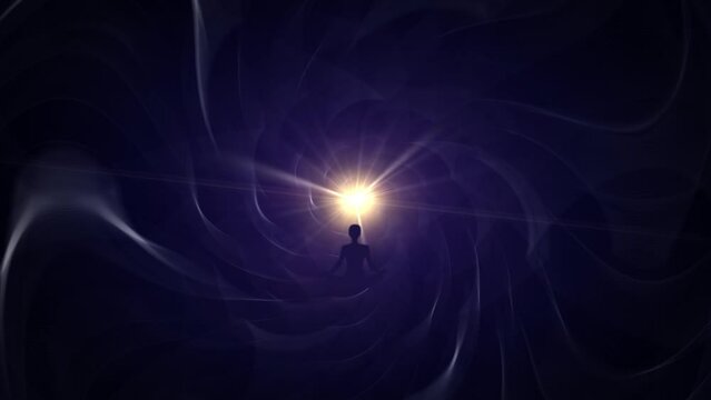 Spiritual journey of meditating man in lotus yoga position traveling seated in a purple tunnel with glowing light in background. Motion graphic animation