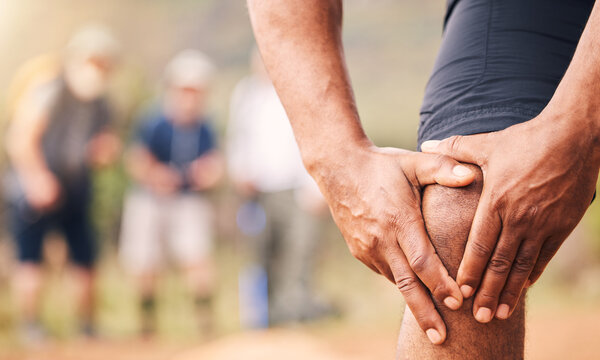 Knee Pain, Injury And Hands Of Senior Black Man After Hiking Accident Outdoors. Sports, Training Hike Or Elderly Male With Fibromyalgia, Leg Inflammation Or Arthritis, Broken Bones Or Painful Muscles