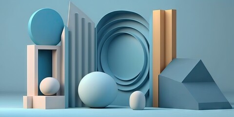 abstract background and podium in a simple setting. geometrical form. scene in pastel shades of blue. very little. scene with a blue background and geometric shapes. Generative AI