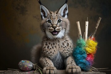 Joyful Young Lynx Cub Celebrating Easter with Painted Stick and Eggs
