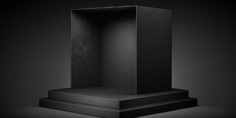 Black podium with a black background for the product display. Generative AI